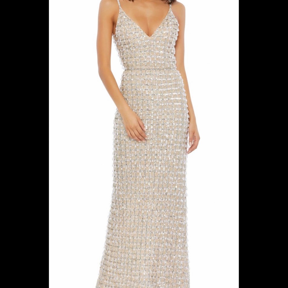 Mac Duggal drop bead column gown